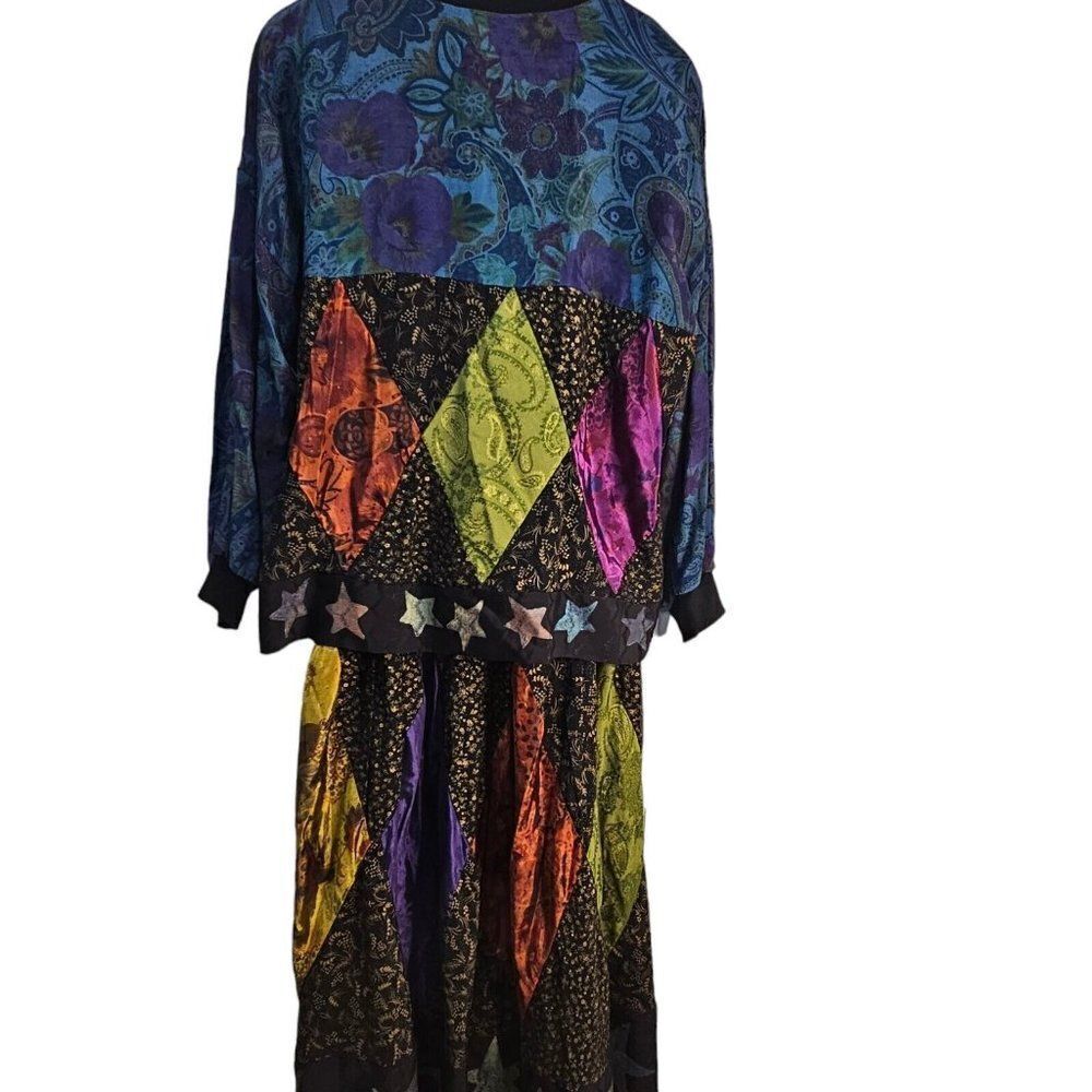 Vintage Staley Gretzinger Blouse Skirt Womens M Black Multi Art to Wear Stars